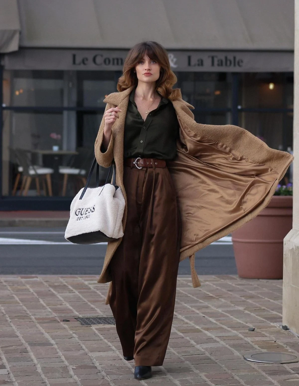 Camel Teddy Coat Outfit with Chocolate Wide-Leg Trousers