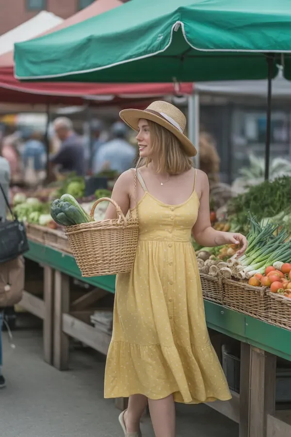 Yellow Linen Button-Front Midi Dress with Straw Hat