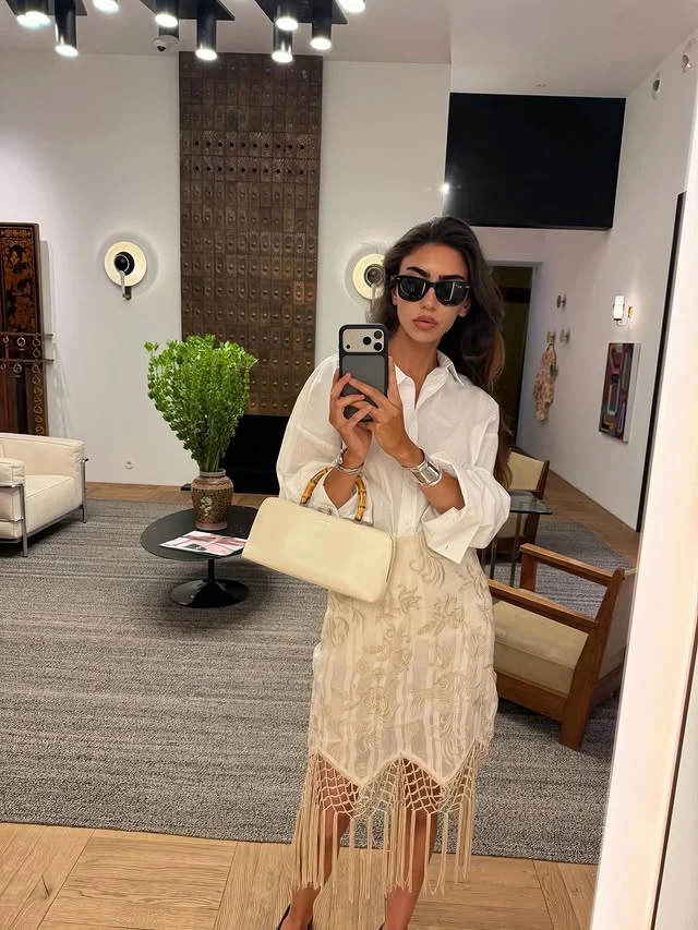 White Shirt Cream Macramé Fringe Skirt Outfit