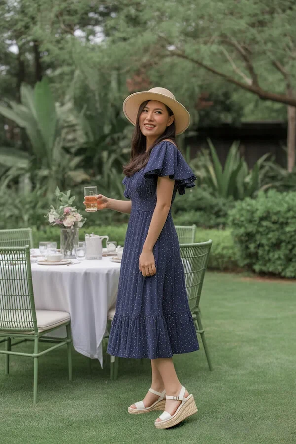Navy Blue Polka Dot Midi Dress with Puff Sleeves and Tiered Skirt