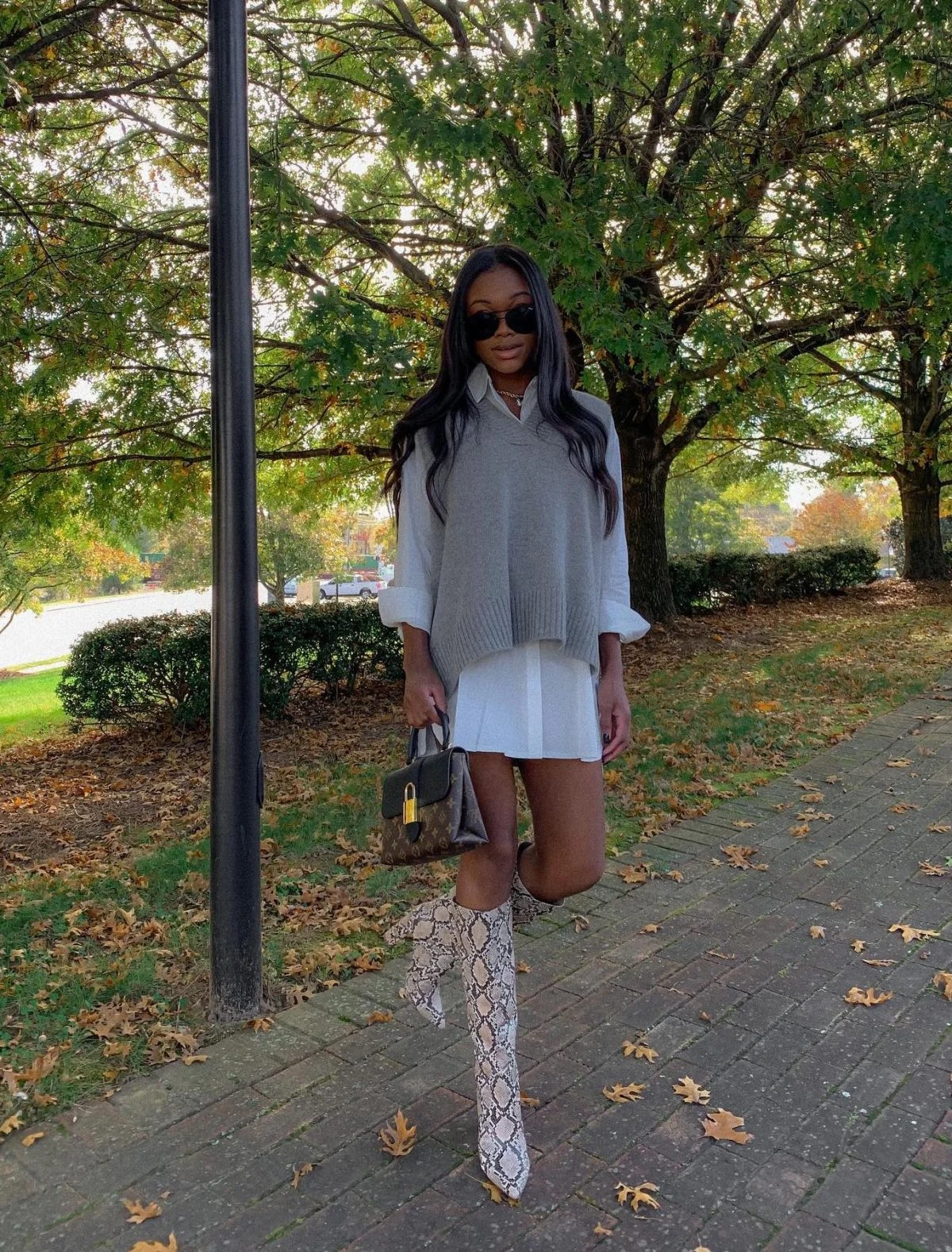 Grey Knit Vest White Shirt Dress Snake Print Boots