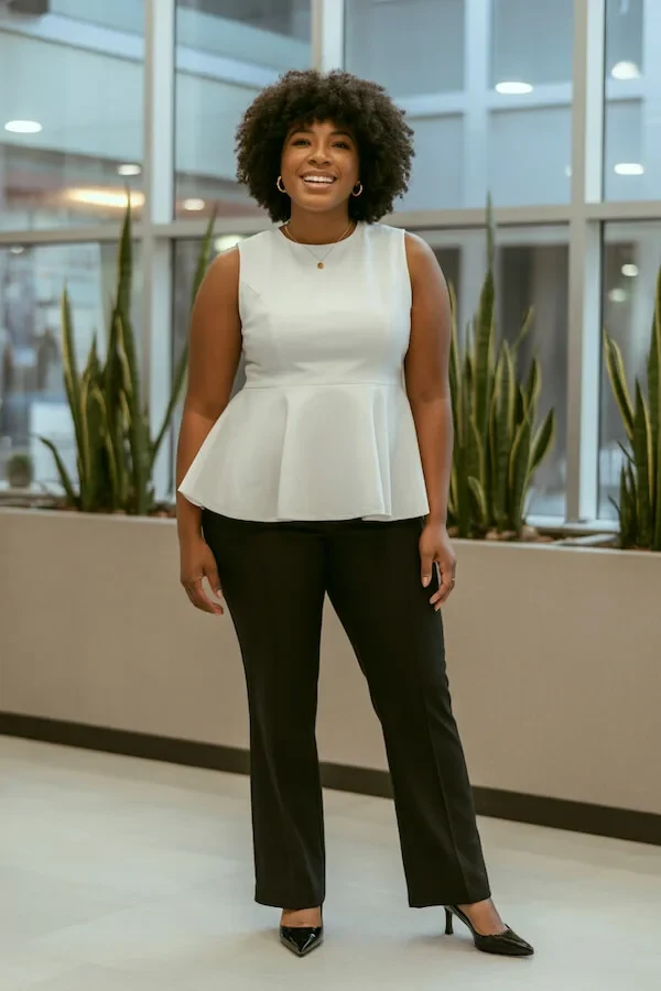 White Peplum Top Black Trousers Office Outfit
