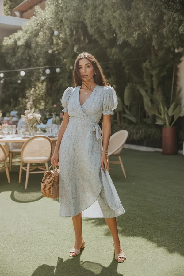 Blue Floral Wrap Dress with Puff Sleeves and Wicker Bag
