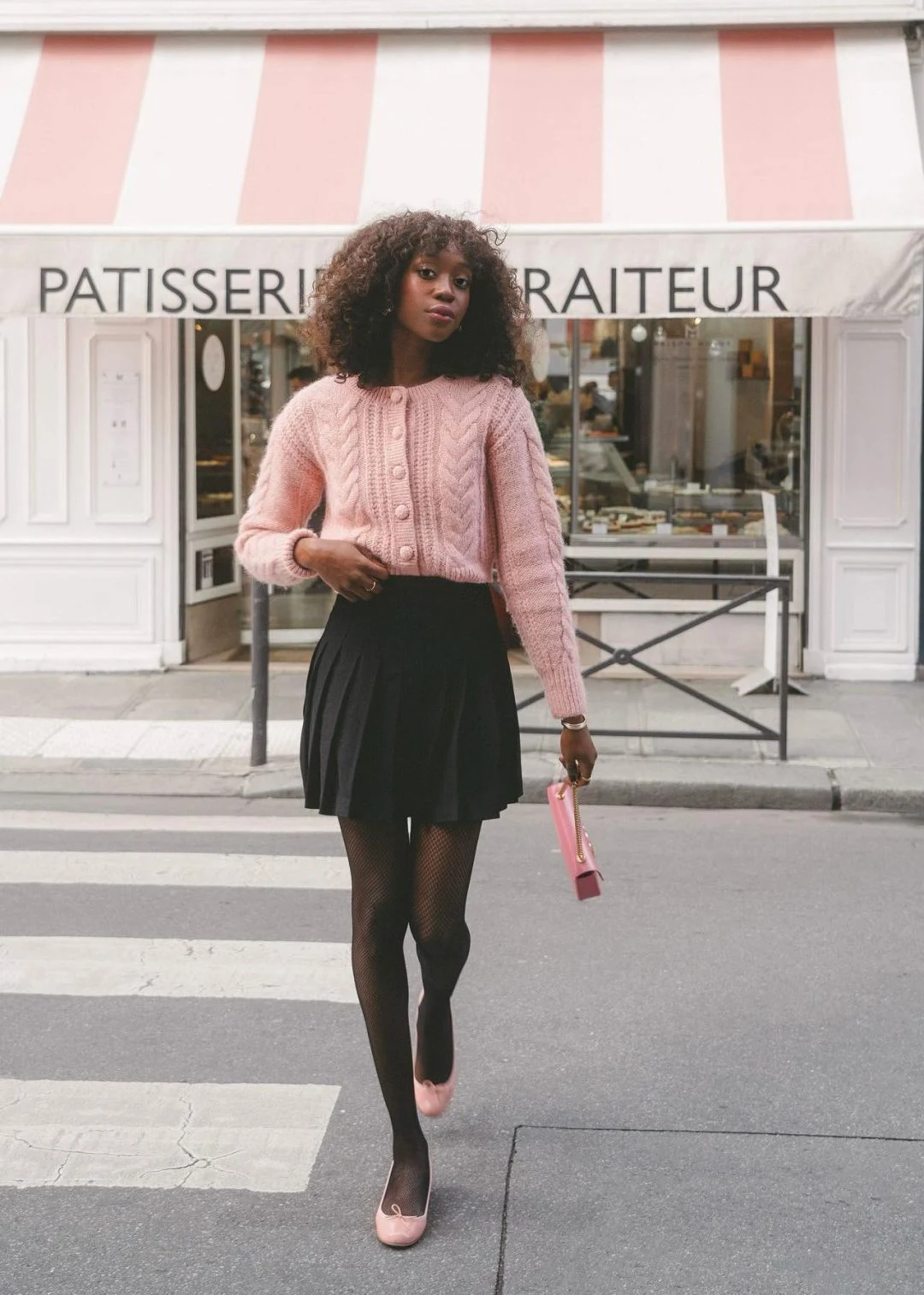 Pink Cable Knit Cardigan Black Pleated Skirt Outfit