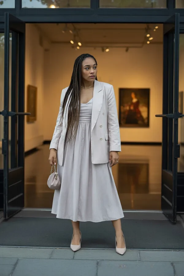 White Double-Breasted Blazer with Midi Dress and Pumps