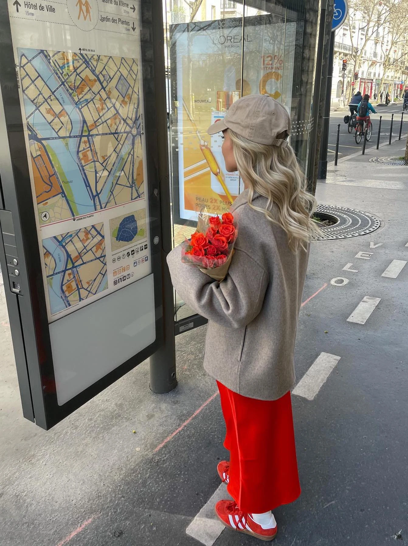 Gray Blazer Red Midi Skirt Baseball Cap Outfit