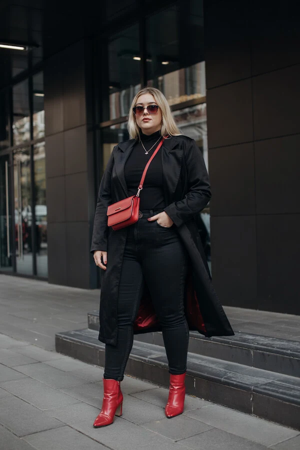 Black Trench Coat Outfit with Red Ankle Boots