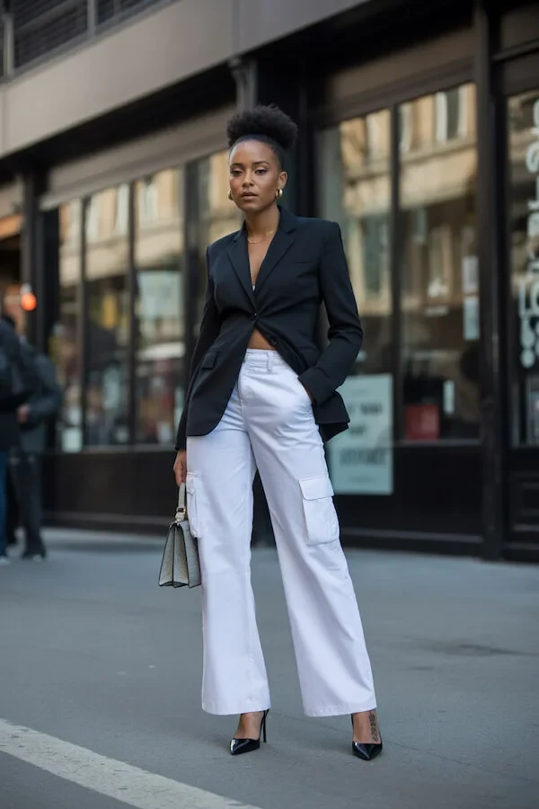 Black Blazer White Cargo Trousers City Outfit