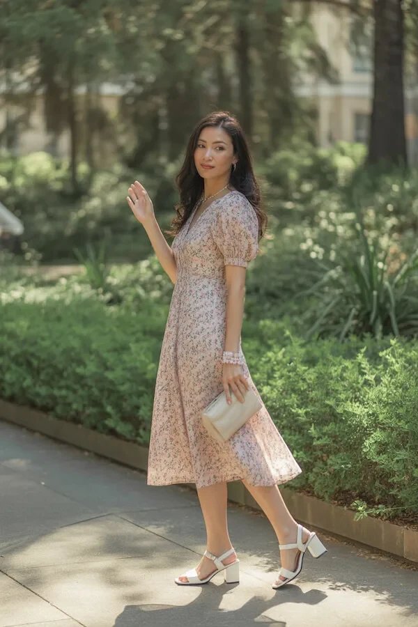 Floral Midi Dress with Puff Sleeves and Block Heel Sandals
