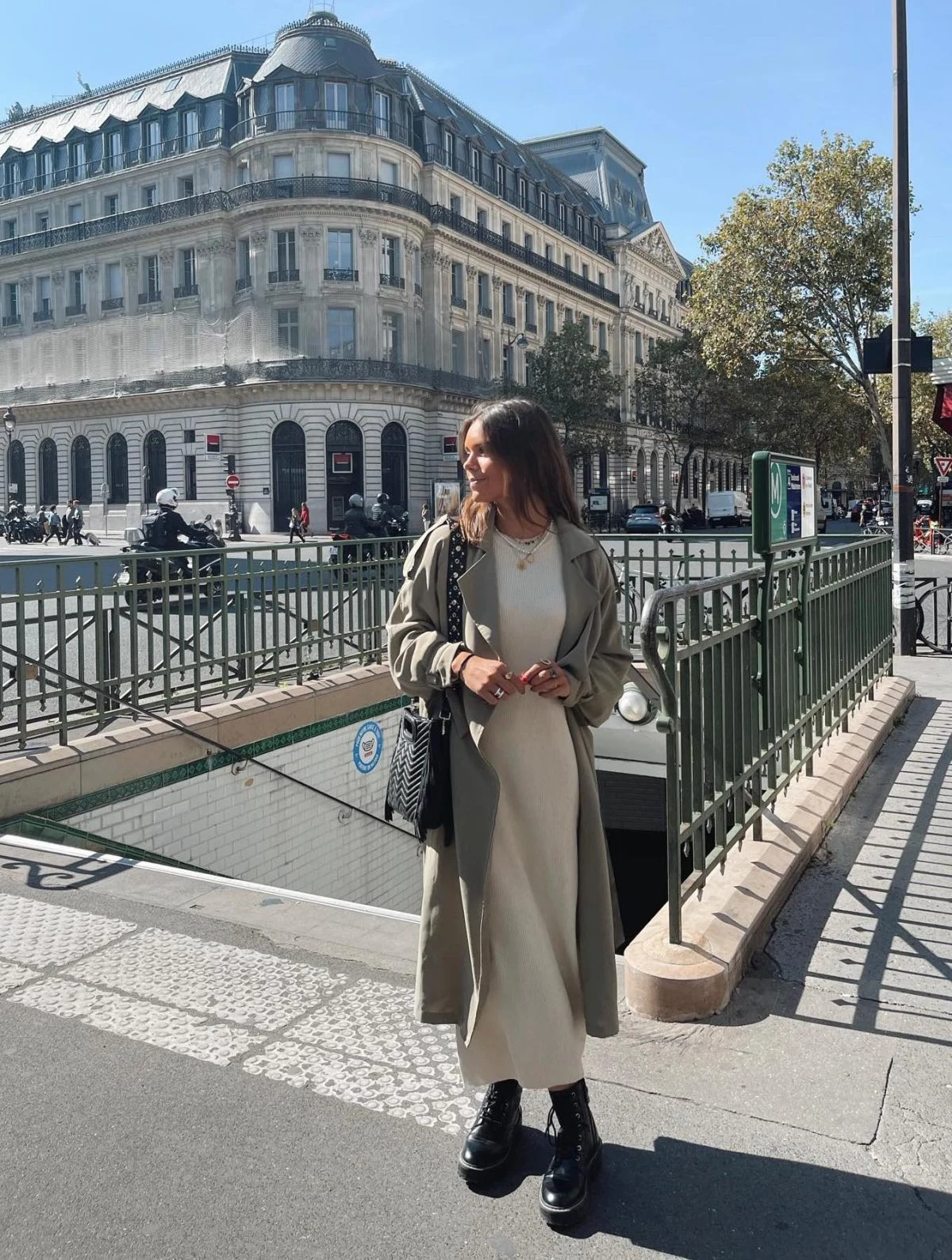 Sage Green Trench Coat Midi Dress Spring Outfit