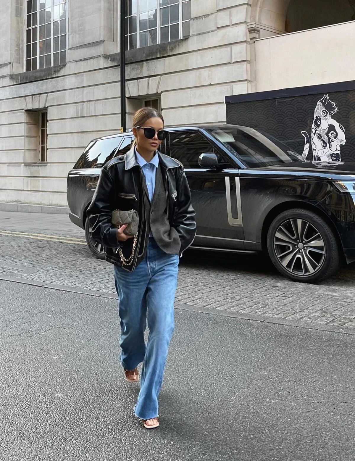 Black Leather Bomber Jacket Blue Jeans Outfit