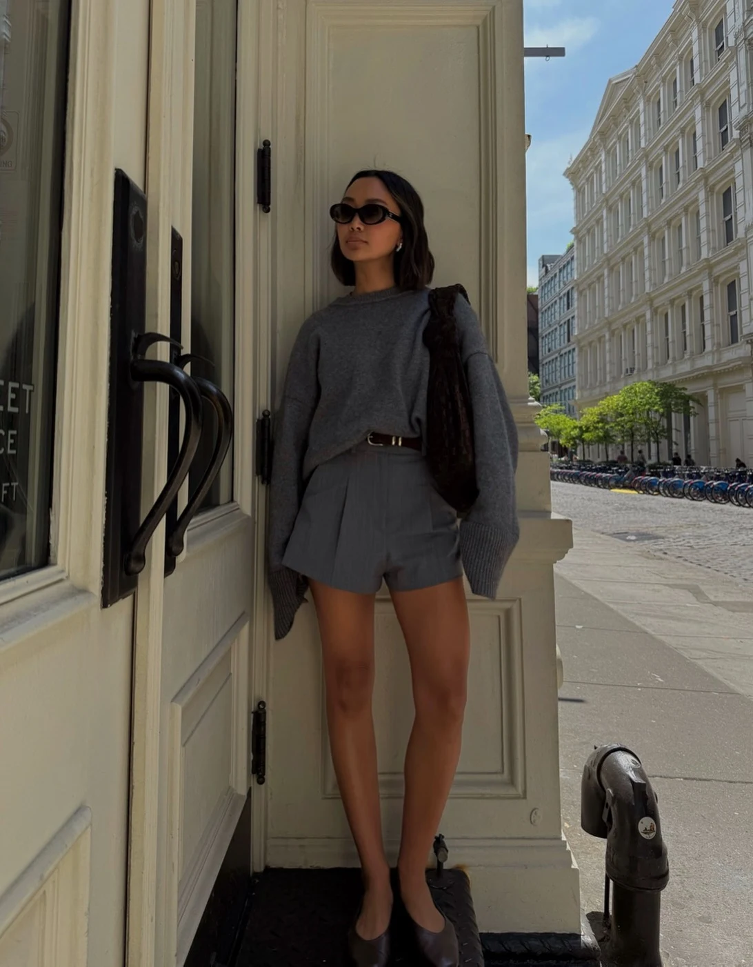 Grey Knit Sweater Tailored Shorts Outfit with Brown Belt