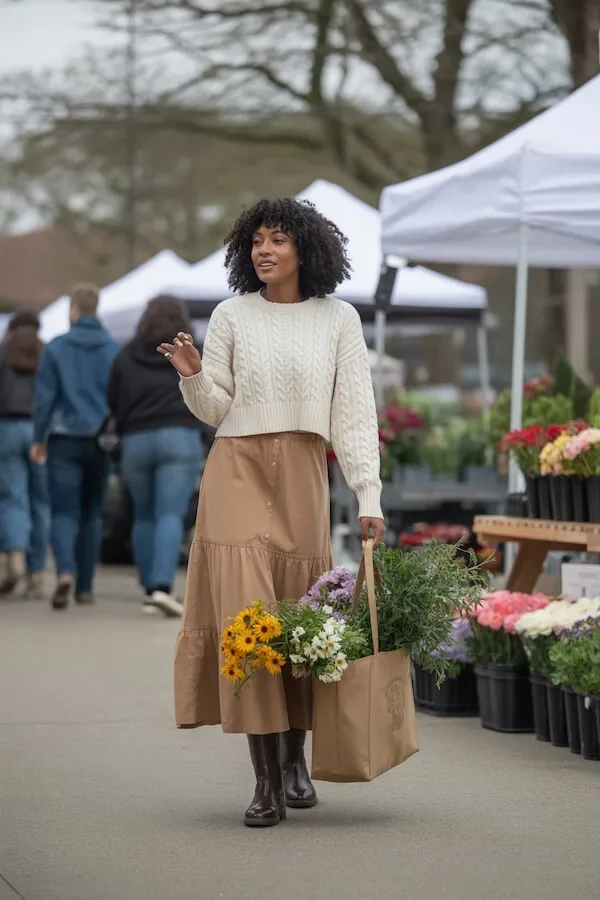Cream Cable Knit Sweater with Camel Tiered Midi Skirt