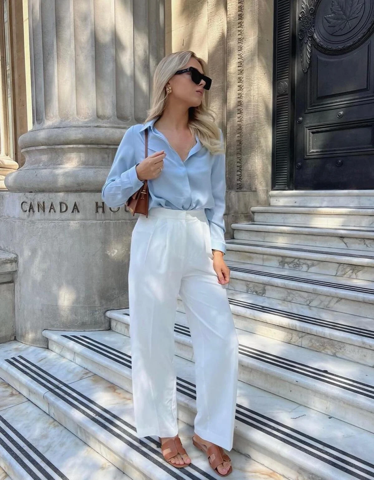 Blue Linen Shirt White Wide-Leg Trousers Outfit