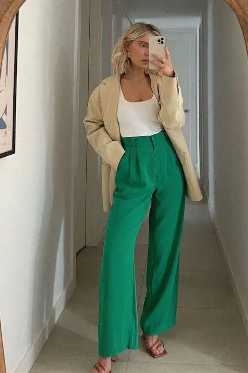 Beige Blazer Green Wide-Leg Trousers Outfit
