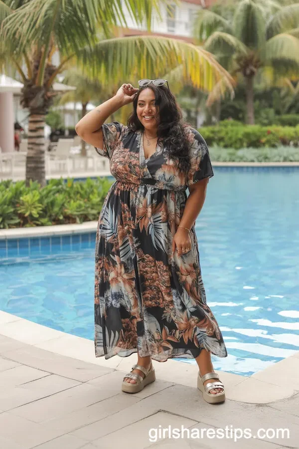 Tropical Print Midi Dress Outfit with Platform Sandals