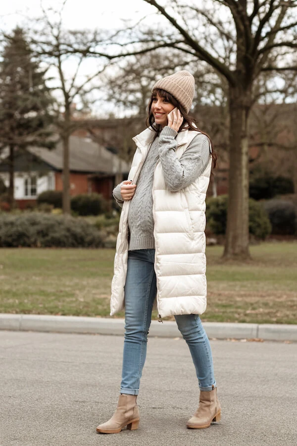 Cream Puffer Vest Outfit with Cable Knit Sweater