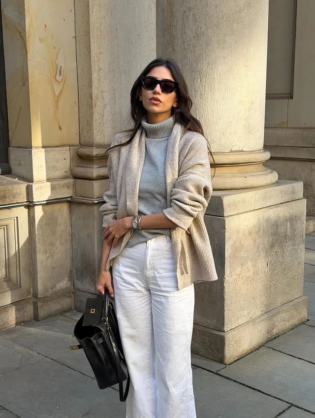 Beige Cardigan White Trousers Neutral Layered Outfit