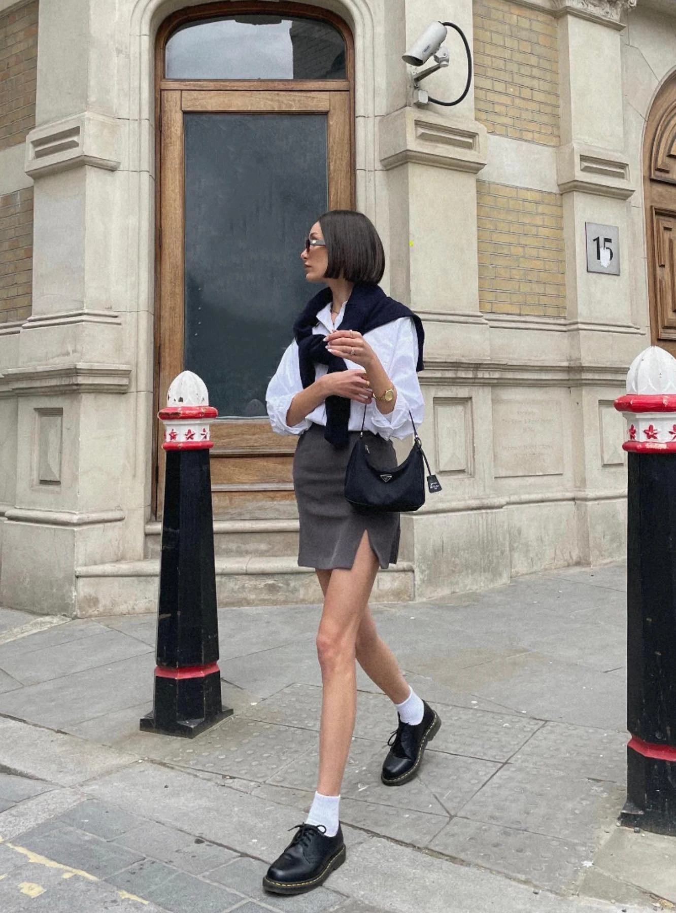 White Shirt Grey Pencil Skirt Black Vest Outfit