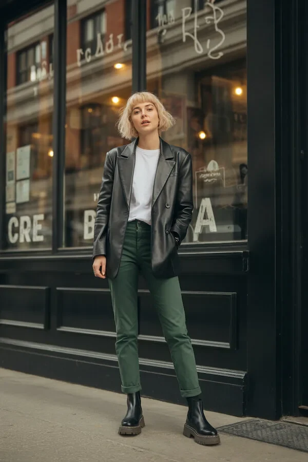 Black Leather Blazer with Green Trousers and Chelsea Boots