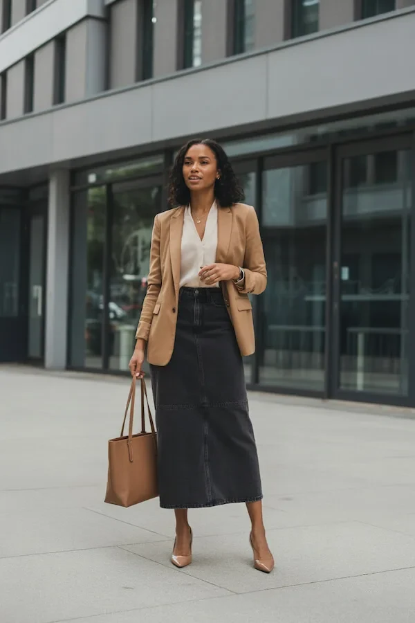 Camel Blazer Black Denim Midi Skirt Outfit with White Cami