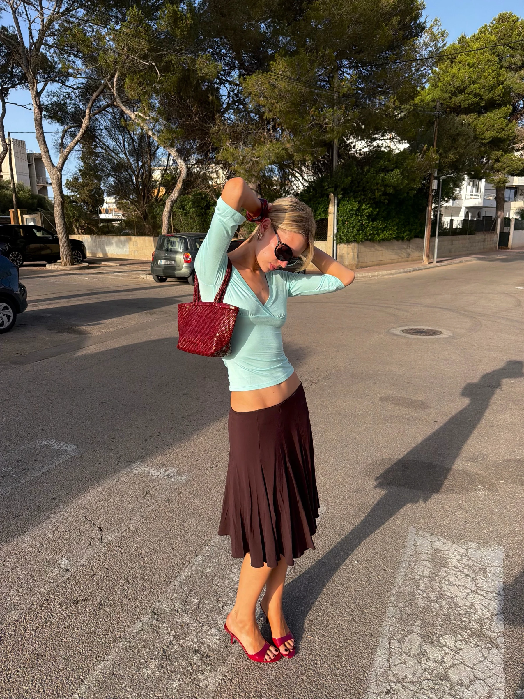 Mint Crop Top Brown Midi Skirt Summer Outfit