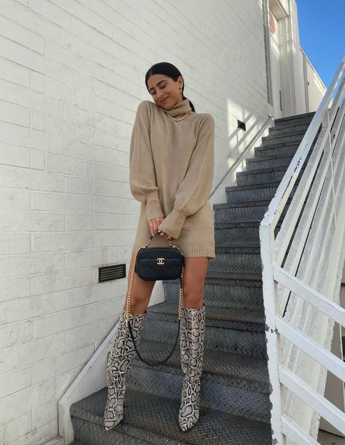 Beige Sweater Dress Outfit with Snake Print Boots