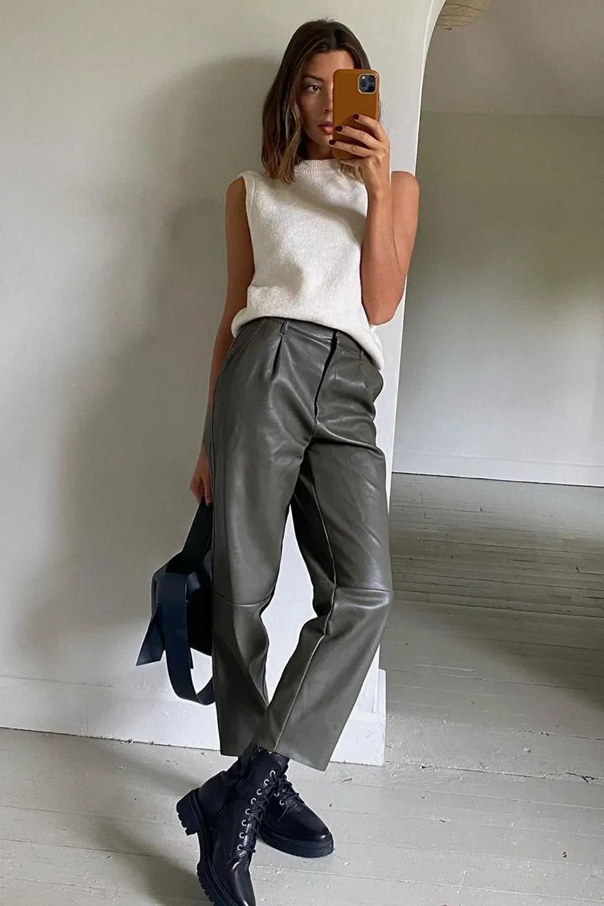 Cream Knit Vest Grey Leather Trousers Outfit