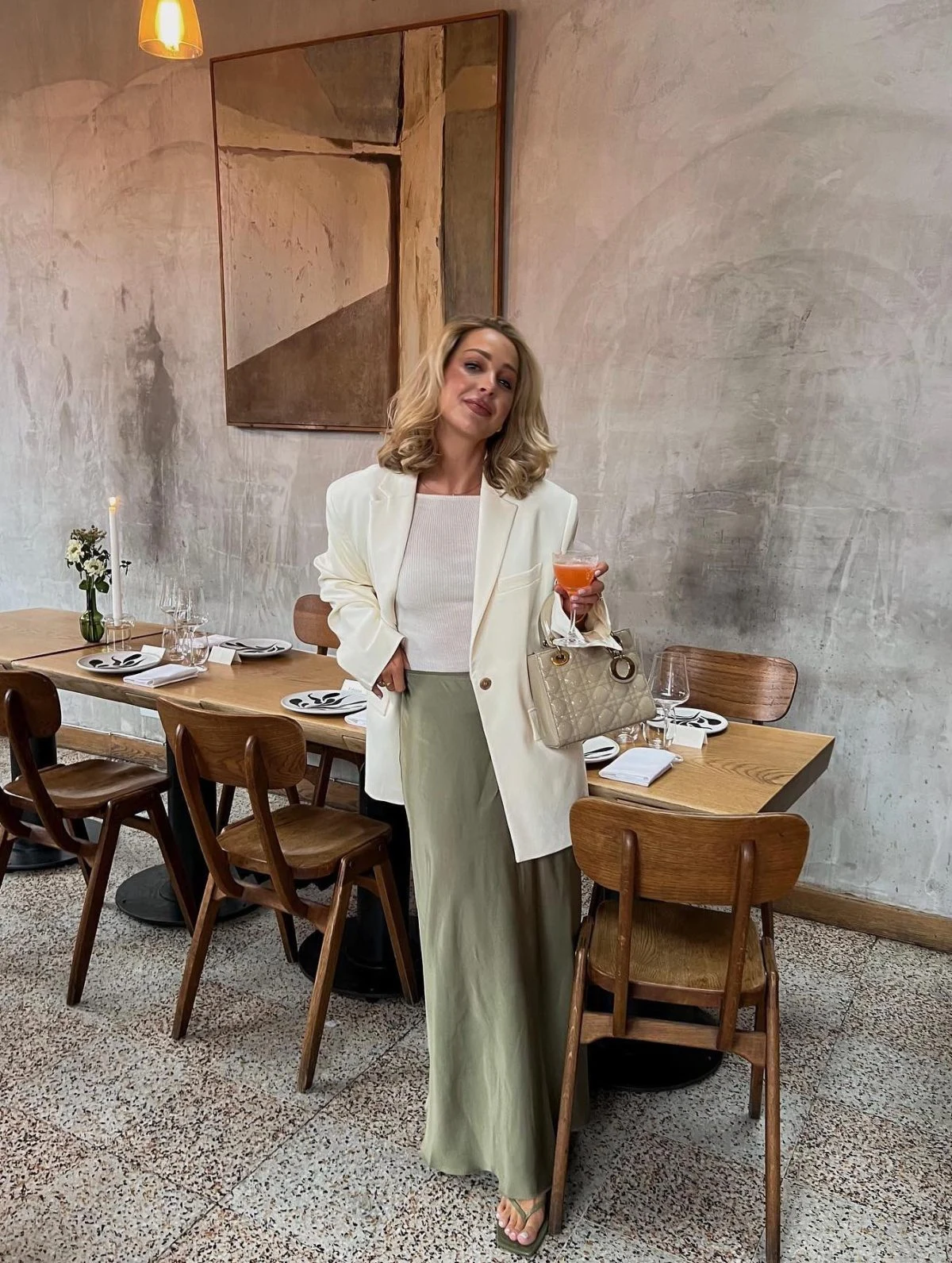 Cream Blazer Sage Green Wide-Leg Trousers Outfit
