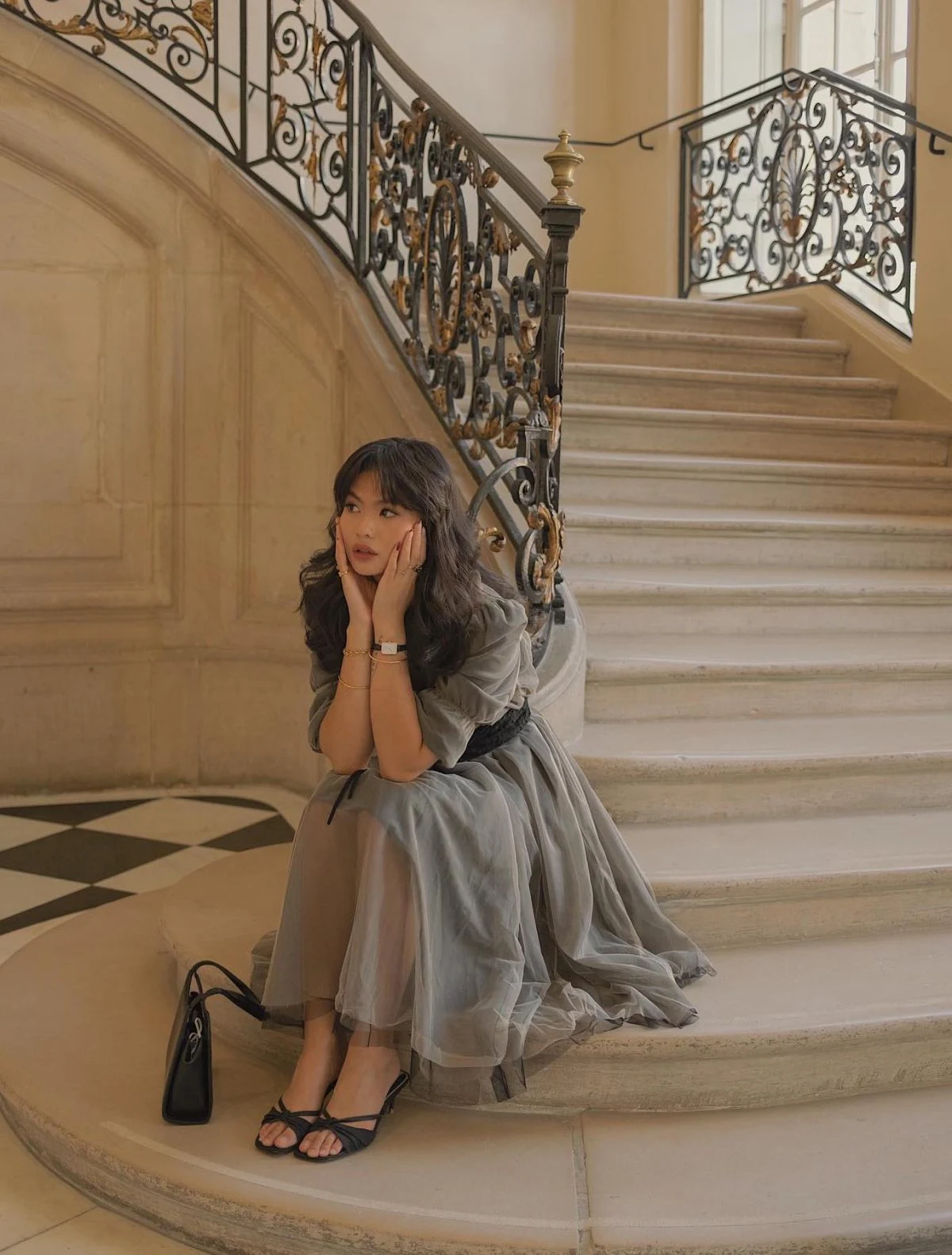 Gray Tulle Midi Dress with Black Bow Detail