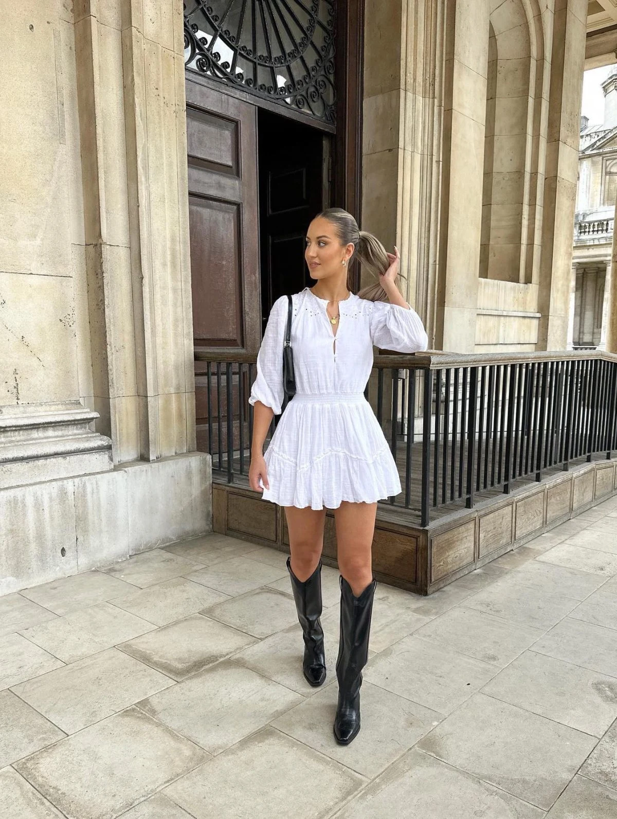 White Eyelet Mini Dress with Black Cowboy Boots