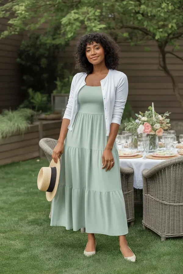 Sage Green Tiered Maxi Dress with White Cropped Cardigan