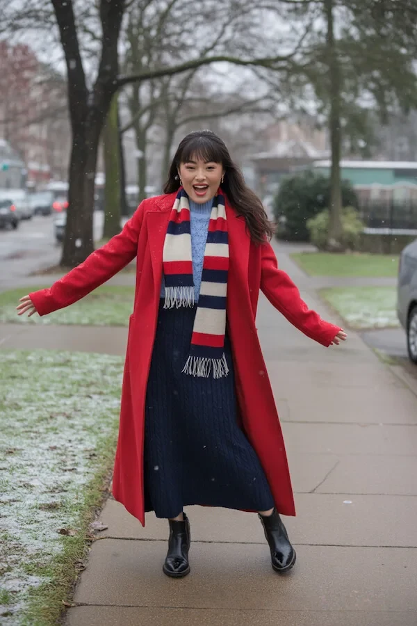 Red Wool Coat with Blue Cable Knit Sweater and Striped Scarf