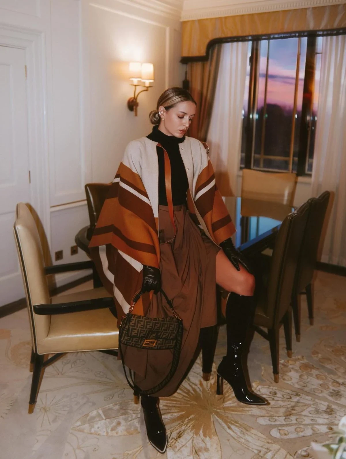 Brown Striped Cardigan Outfit with Wide-Leg Trousers and Patent Boots