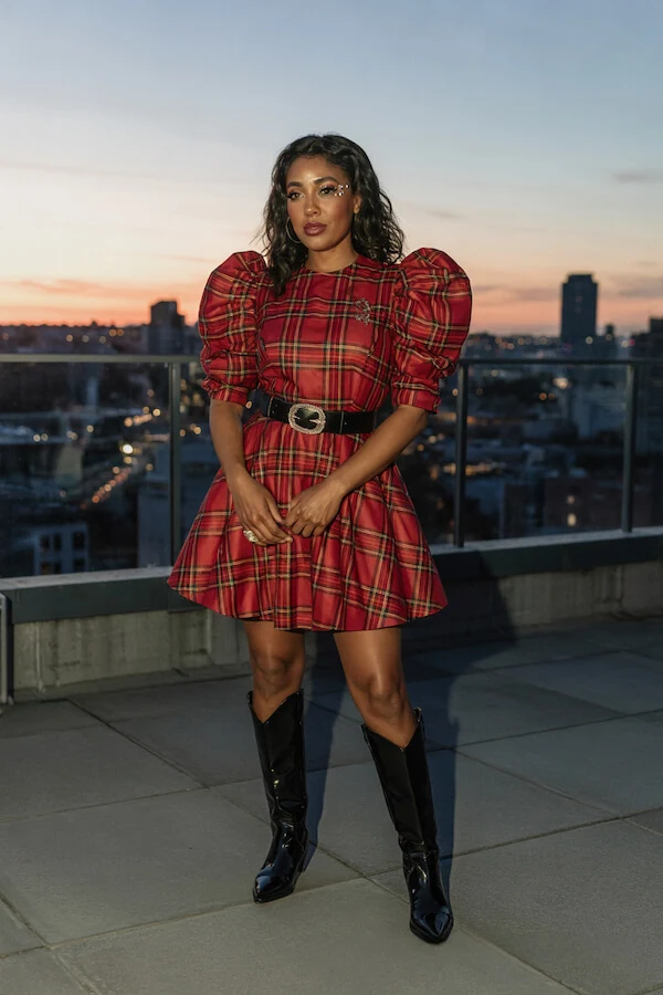 Red Tartan Puff Sleeve Mini Dress with Western Belt
