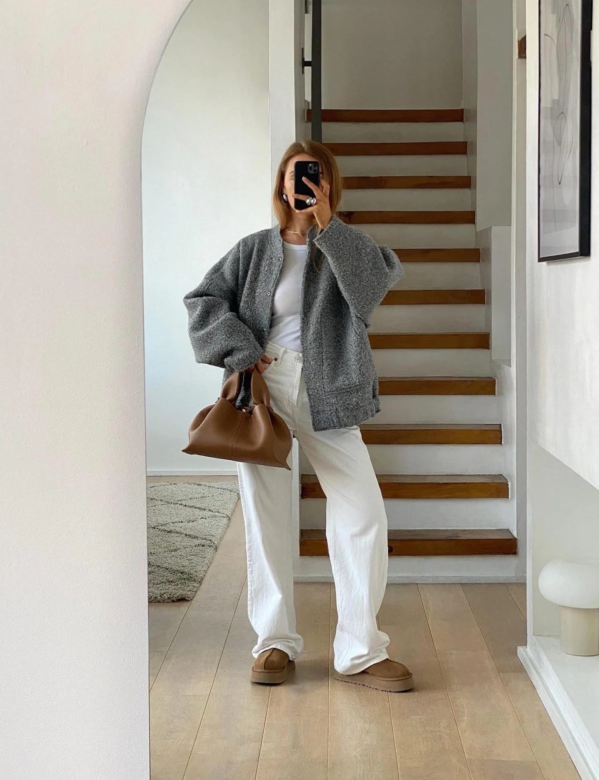Grey Bomber Jacket Outfit with White Wide-Leg Jeans