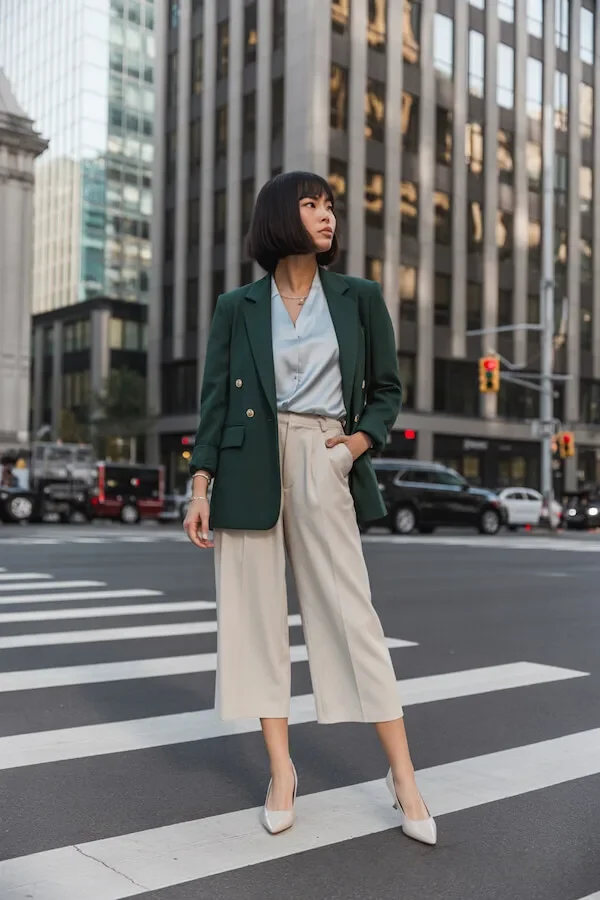 Green Double-Breasted Blazer with Beige Wide-Leg Cropped Trousers