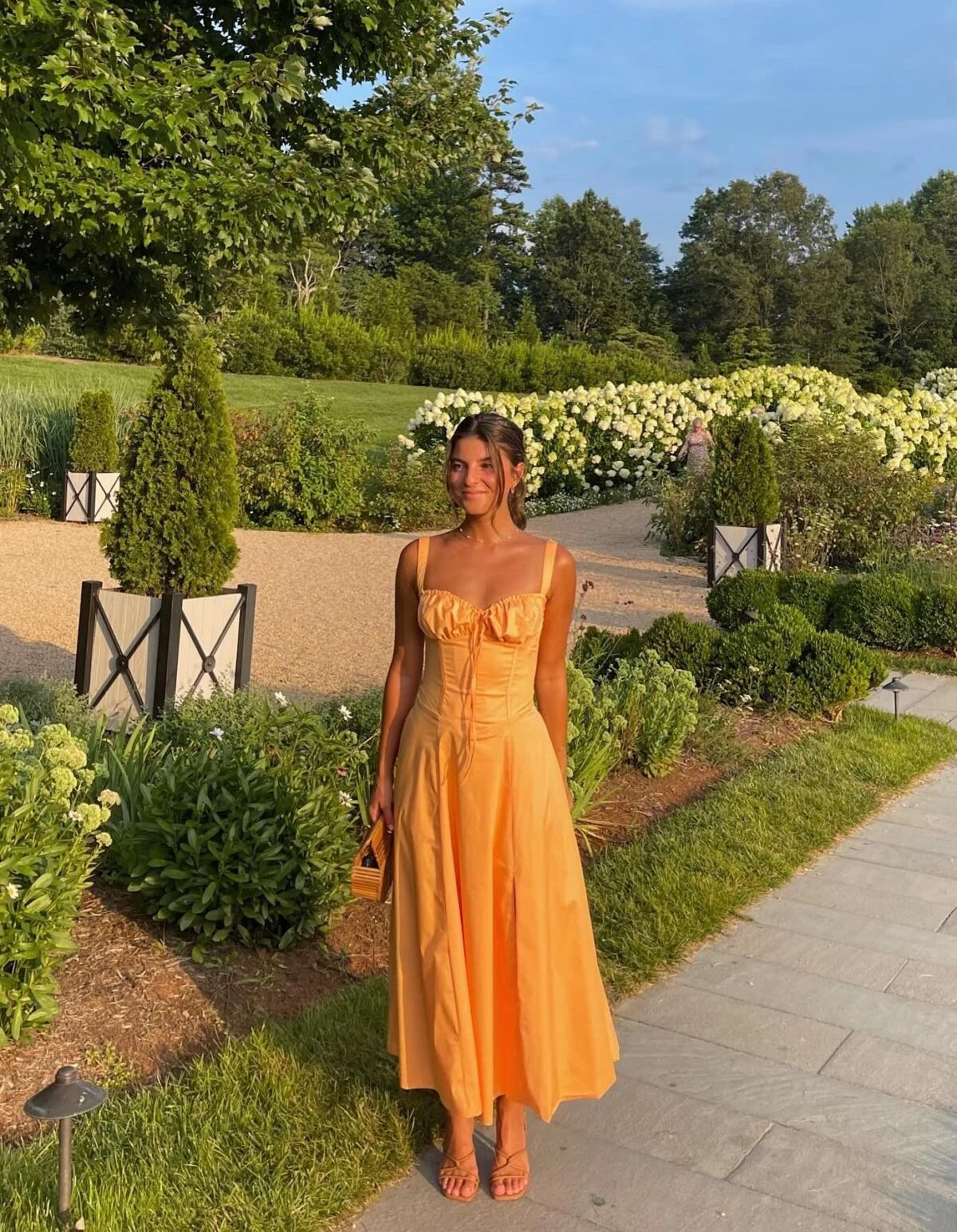 Apricot Linen Midi Dress with Corset Bodice