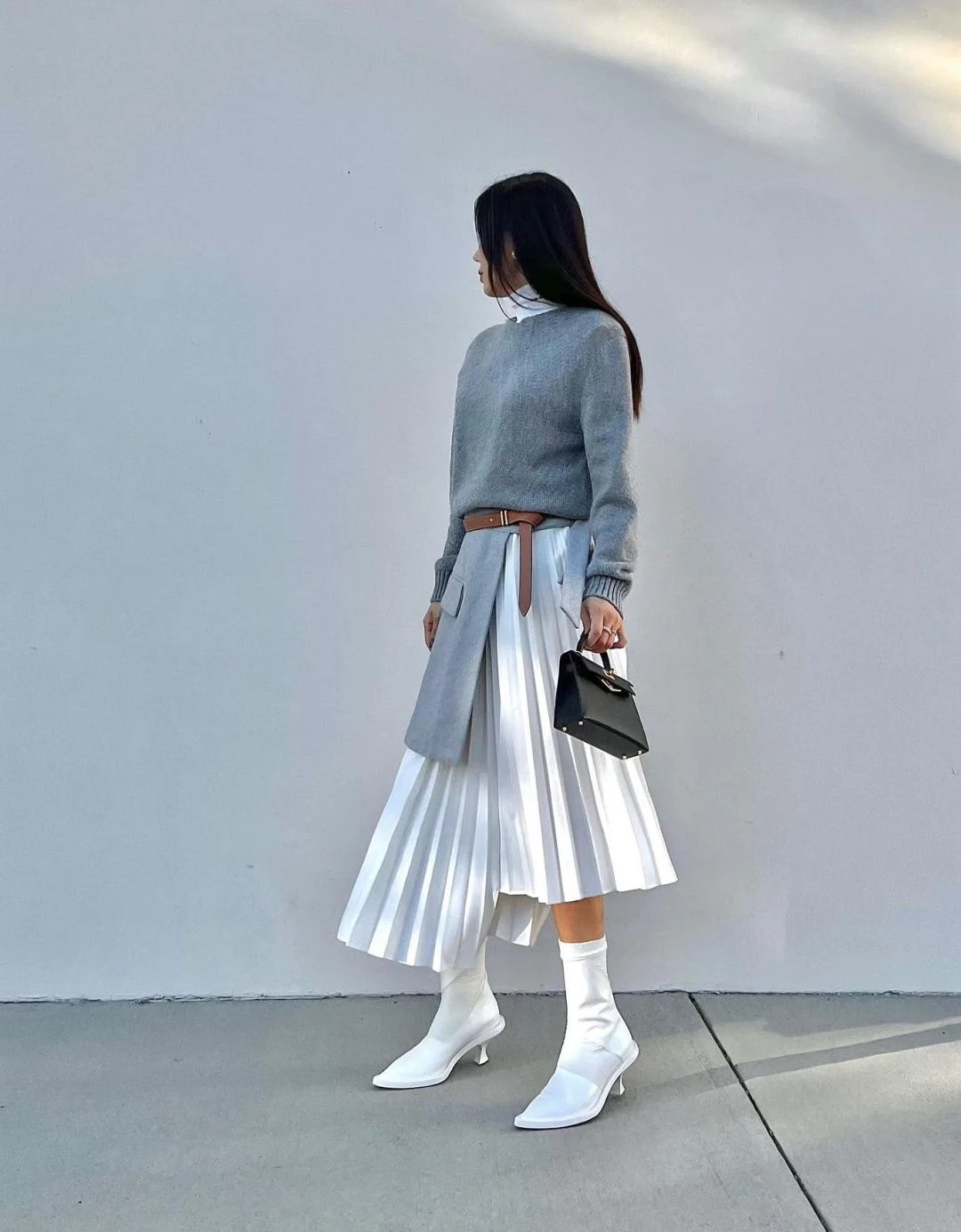 Grey Sweater White Pleated Midi Skirt Outfit with Belt