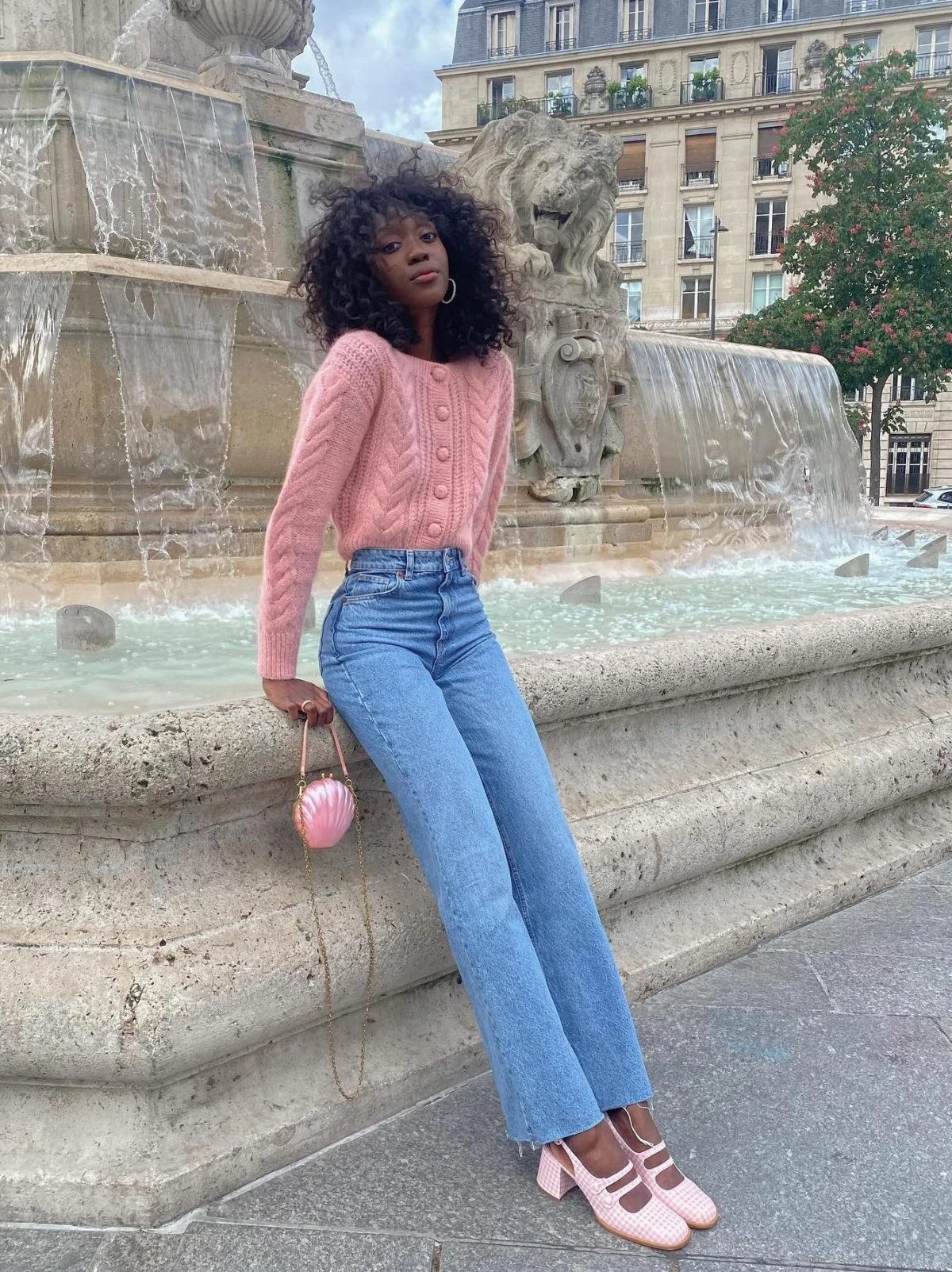 Pink Cable Knit Cardigan Outfit with Straight Leg Jeans