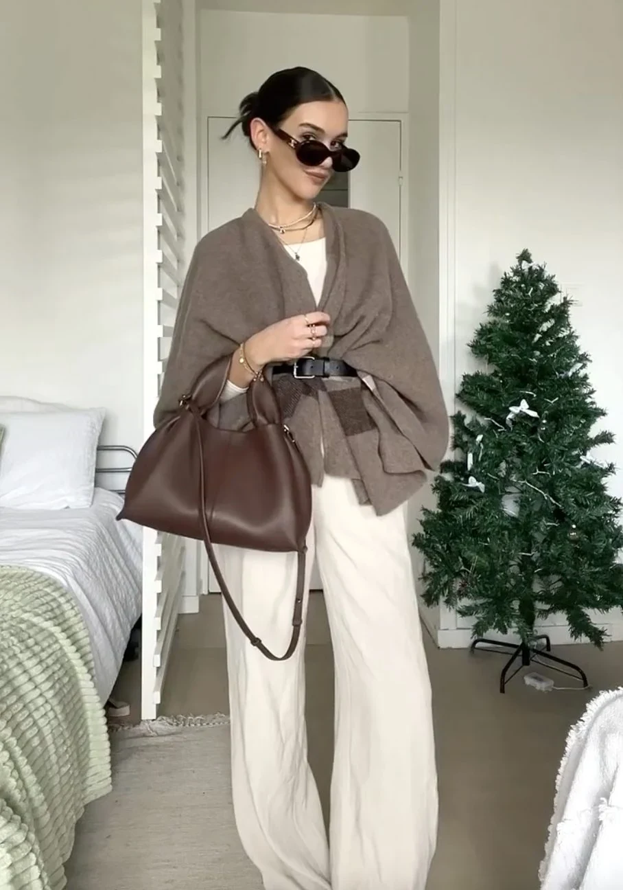 Brown Oversized Cardigan Outfit with Cream Wide-Leg Trousers