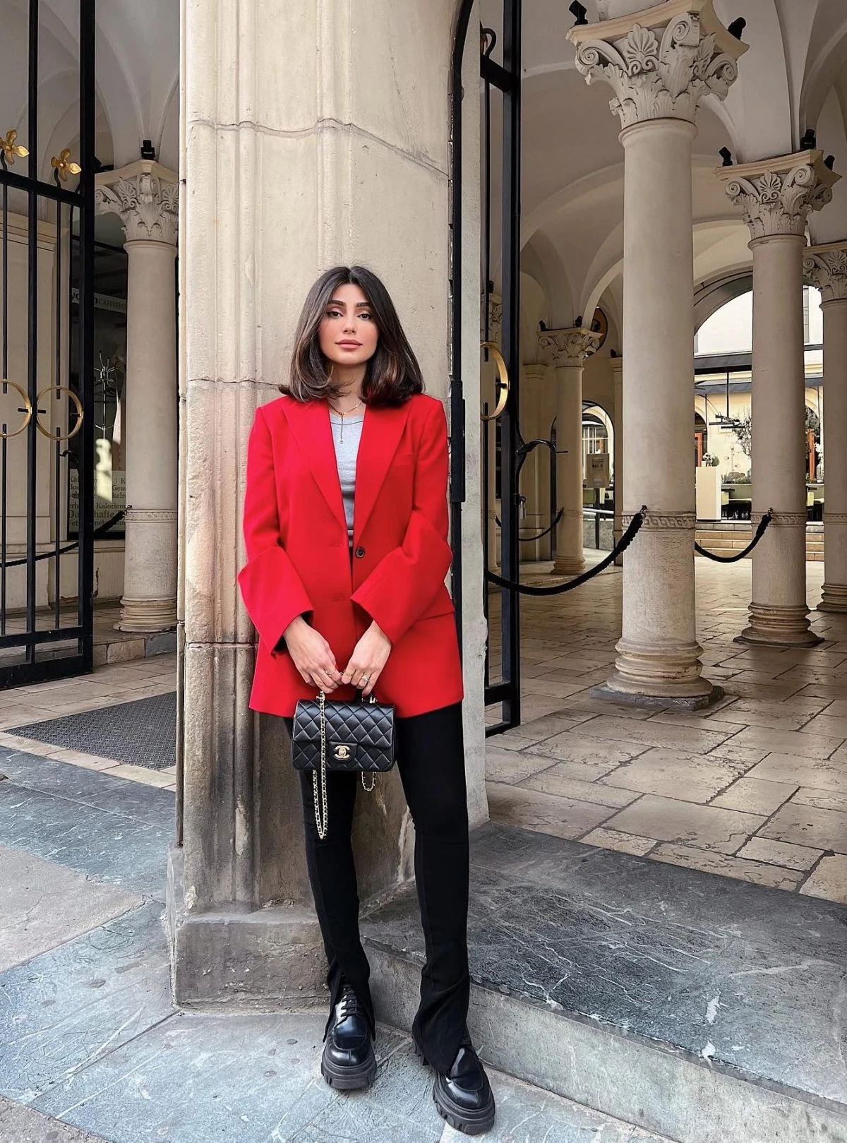 Red Oversized Blazer Outfit with Black Flared Trousers
