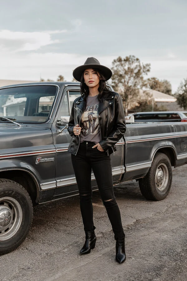 Black Leather Moto Jacket Outfit with Graphic Tee