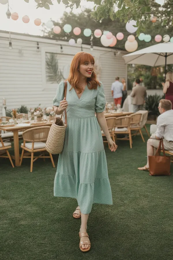 Sage Green Tiered Midi Dress with Puff Sleeves and Straw Bag