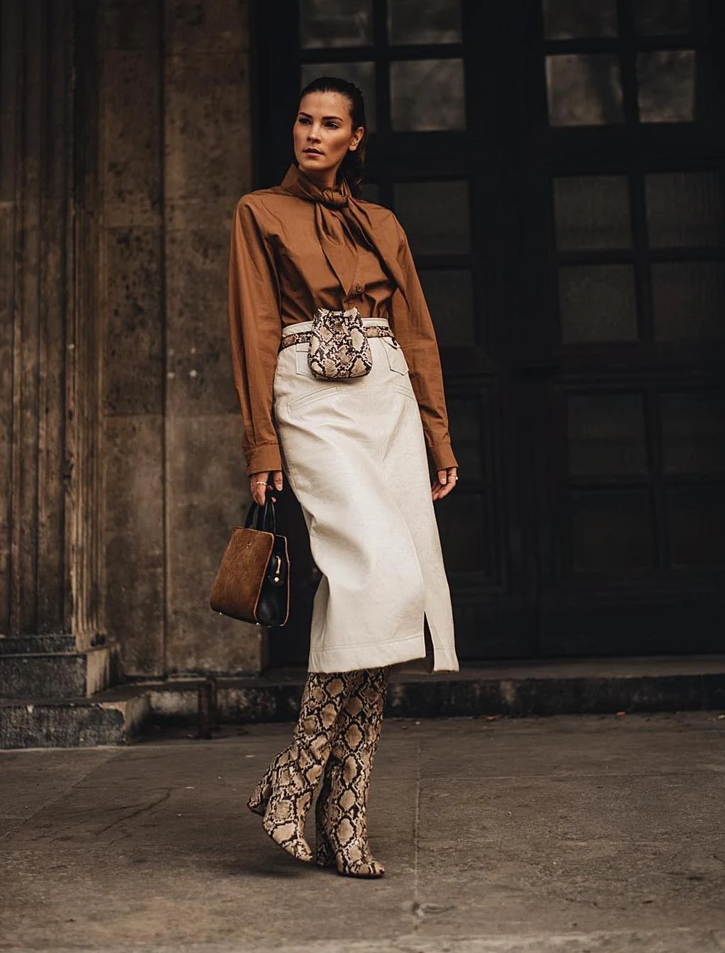 Camel Blouse Cream Midi Skirt Snake Print Boots Outfit