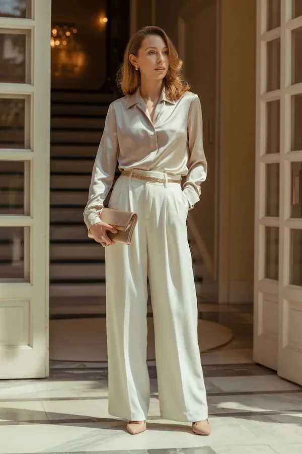 Champagne Silk Blouse Outfit with Wide-Leg Trousers