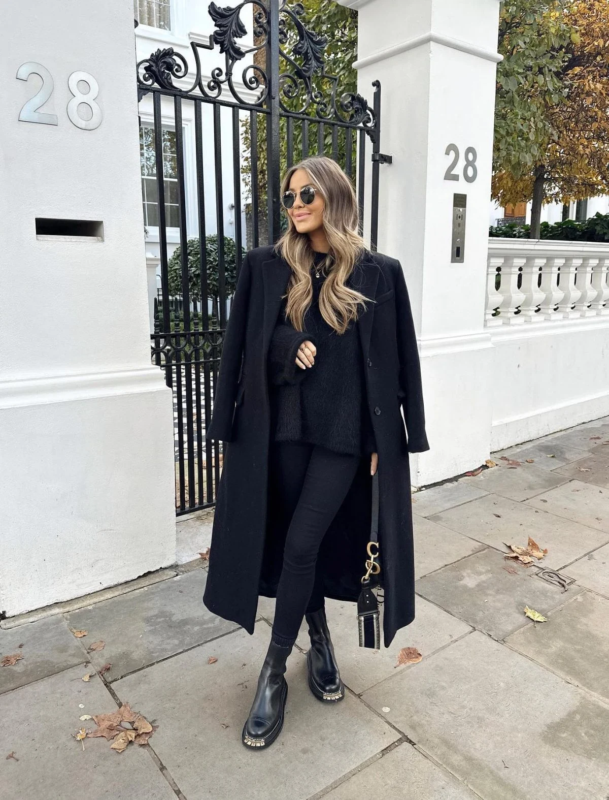 Black Wool Coat Outfit with Fluffy Knit Sweater