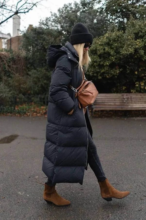 Black Longline Puffer Coat Outfit with Tan Suede Boots