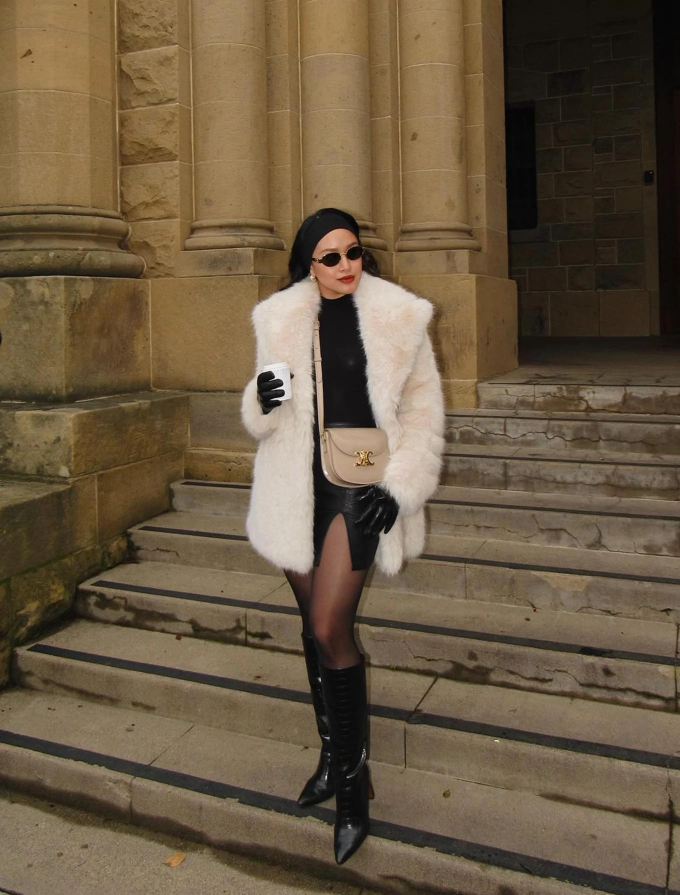 Cream Faux Fur Coat Outfit with Black Mini Dress