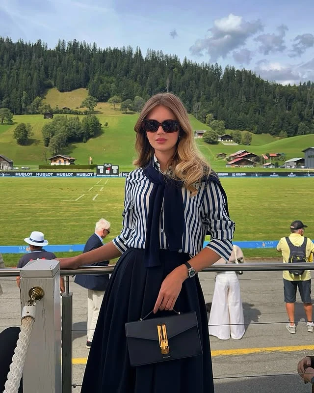 Navy Striped Shirt Black Pleated Skirt Polo Outfit
